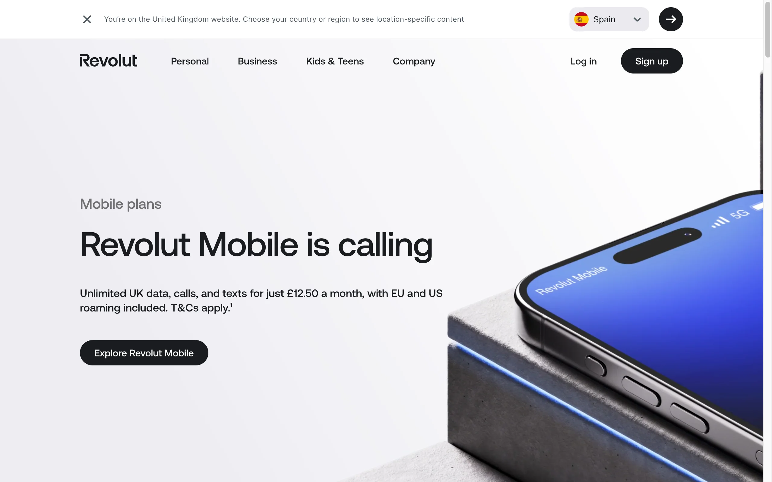 Revolut Mobile plan at £12.50 per month with unlimited UK data and EU plus US roaming