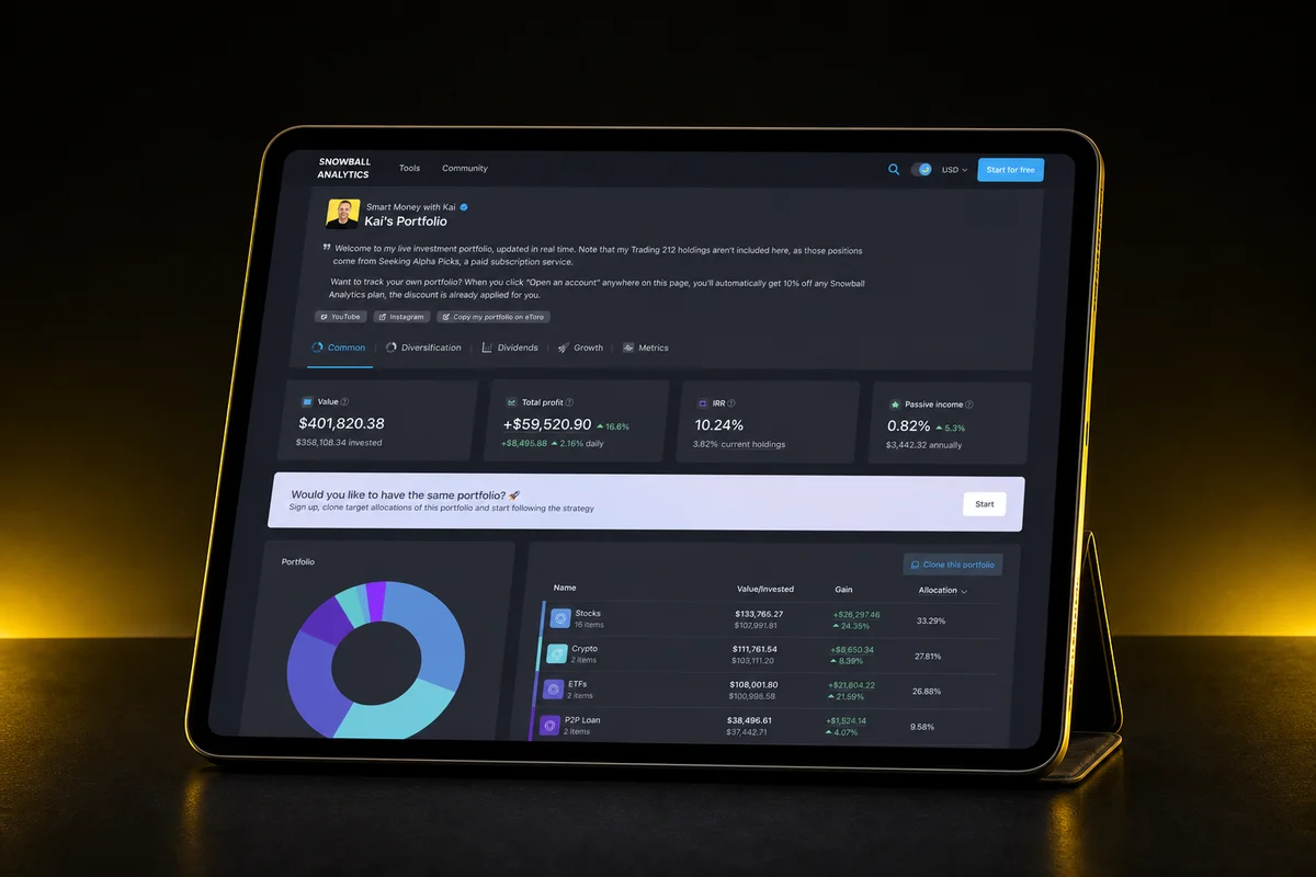 Kai's live Snowball Analytics portfolio shown on an iPad